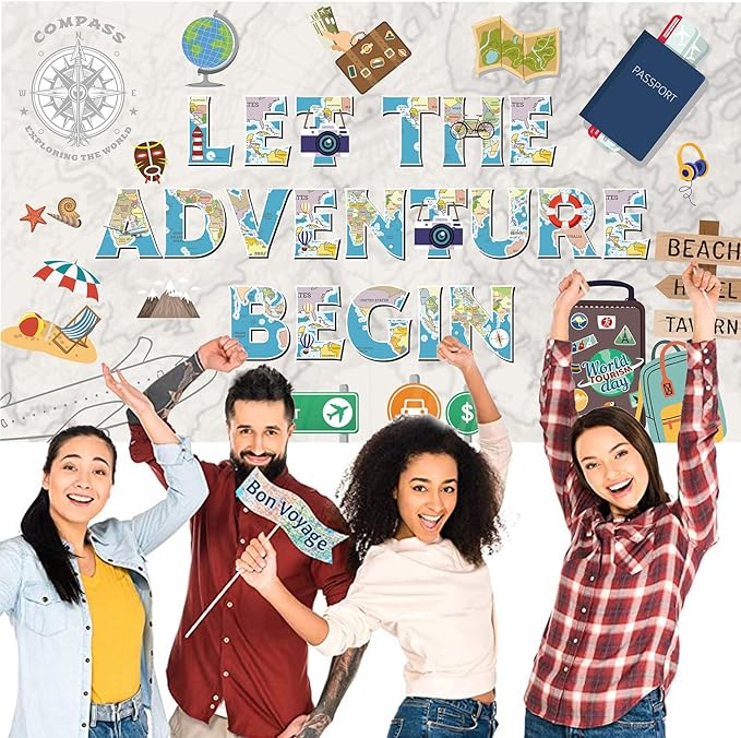 Colorful Let The Adventure Begin Backdrop Banner Photography Background for Retirement Farewell Going Away Leaving Goodbye Graduation Global Travel Theme Party Decoration Supplies 72.8*43.3in
