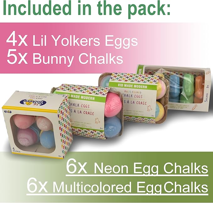 Kid Made Modern Ultimate Sidewalk Spring Chalk Bundle - 6 Neon, 6 Colored, 4 Lil Yolkers Eggs & 5 Bunny Chalks - Dustless, Washable, Non-Toxic, Easy Grip - for Kids Ages 3+ Outdoor Art & Drawing Fun