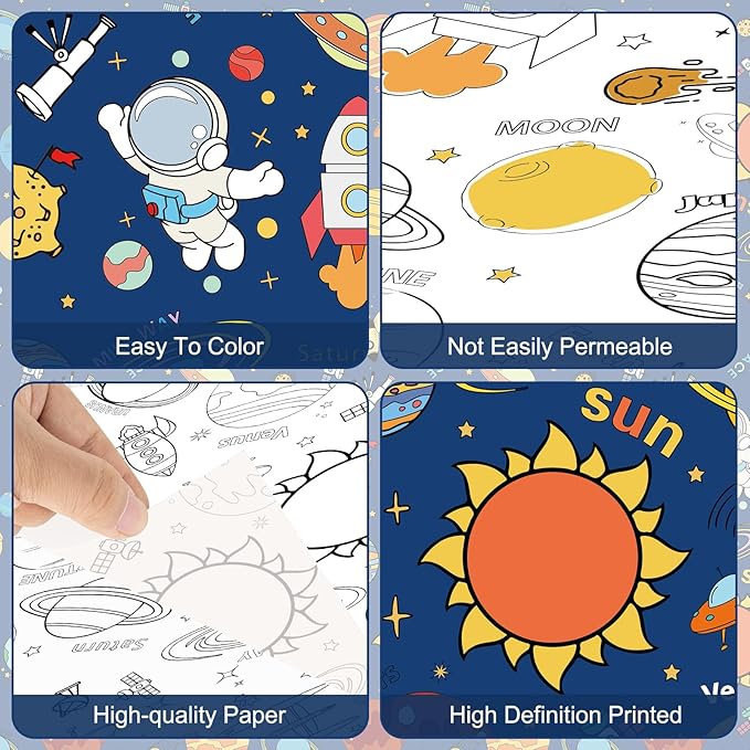 Large Outer Space Coloring Tablecloth - Giant Solar System Theme Colorable Paper Poster, Galaxy Activity Games Table cloth for Space Birthday Party Decorations Supplies Favors Crafts Gifts, 54x108 In