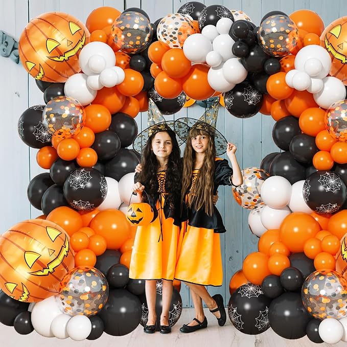 Orange Black Halloween Balloon Arch Garland Kit with 4D Pumpkin Foil Balloon, 110pcs Spider Web Print Halloween Latex Balloons for Kids Trick or Treat Baby Shower Birthday Party Decoration Supplies