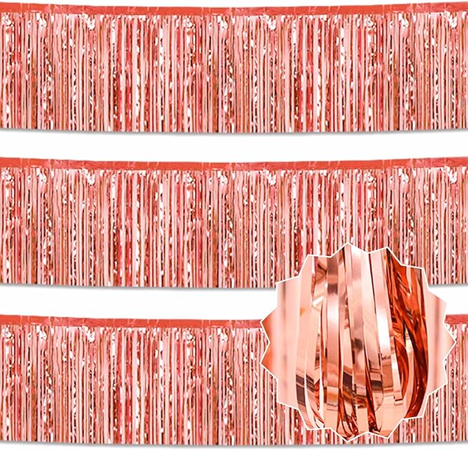 3 Pack 10 Ft Rose Gold Foil Fringe Garland Metallic Streamers Tinsel Banner Wall Hanging Garland Backdrop for Parade Floats, Graduation, Mother's Day, Carnival, Birthday, Wedding Party Decorations