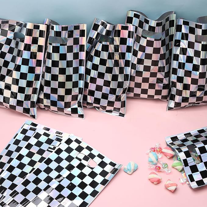 Mikzhskr 30Pcs Race Car Party Favors Bag Black and White Iridescent Laser Checkered Candy Bags Soccer Theme Goodie Bags with Handles for Kids Race Car Birthday Party Supplies