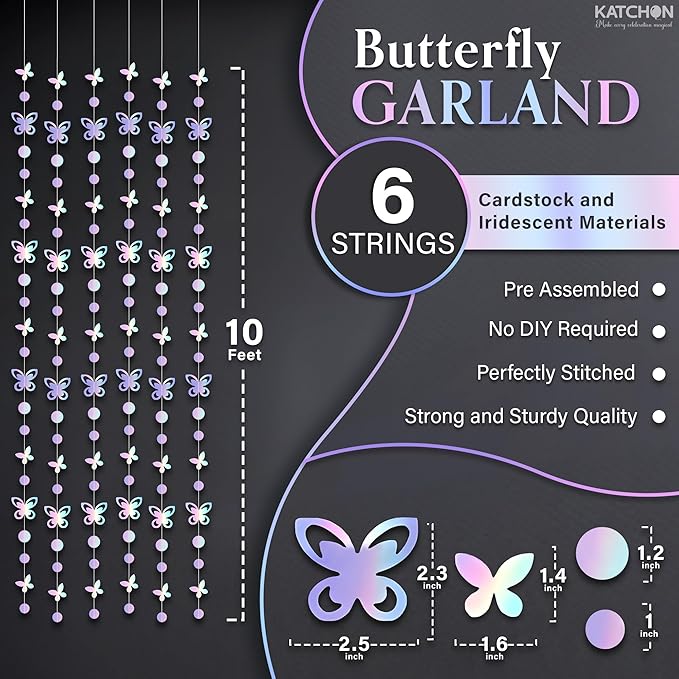 KatchOn Iridescent Butterfly Garland - Pack of 6, | Pre-Strung Butterfly Wall Decor & Birthday Banner for Girls | Iridescent Backdrop for Bachelorette Party | Butterfly Birthday Decorations for Women