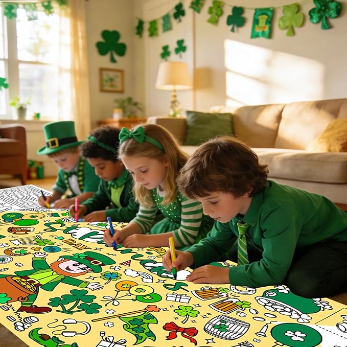 St Patricks Day Giant Coloring Poster for Kids,30x72Inch St Patricks Day Crafts Drawing Paper Coloring Tablecloth DIY Art Crafts Mat for Kids Party Clover Themed Activity Home Classroom Party Suppiles