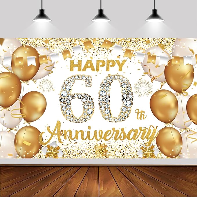 6x3.6ft Happy 60th Anniversary Backdrop,White and Gold Happy Wedding Anniversary Party Banner Decorations Supplies Photo Booth Props