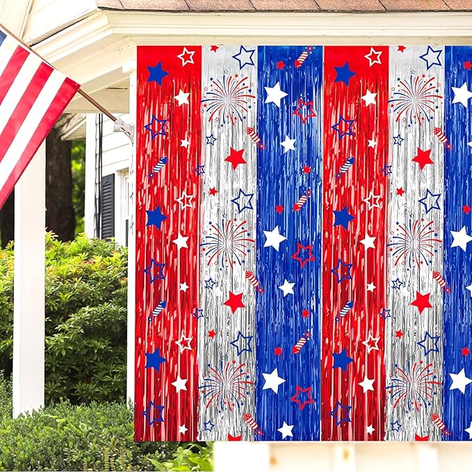 4th of July Decorations 3 Pack Foil Fringe Garland Tinsel Curtains, Red White Blue Hanging Fringe Backdrop Banner, Photo Booth Prop for Patriotic Party Decor (Streamers 3)