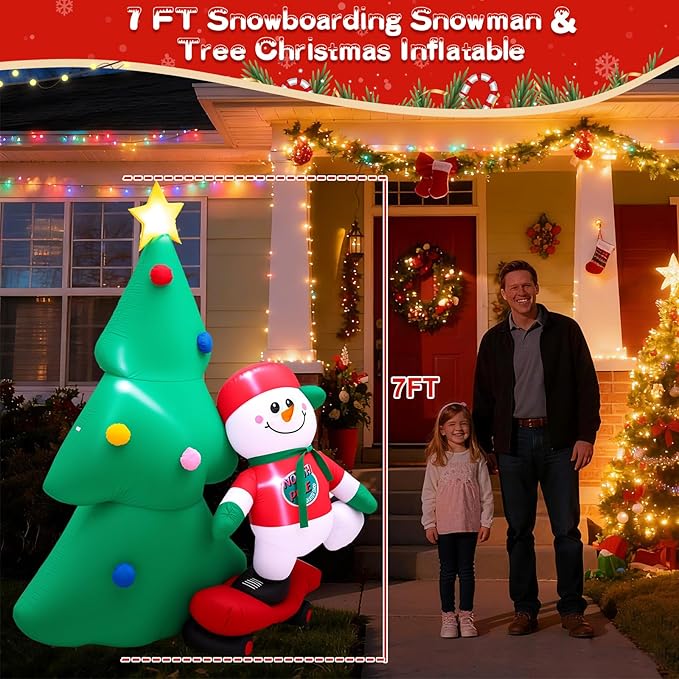 7 FT Christmas Tree Inflatables Outdoor Decortaion, Large Blow Up Christmas Tree with Scooter Boy Snowman, Light Up Inflatable Christmas Decoration for Yard Lawn, Garden, Party