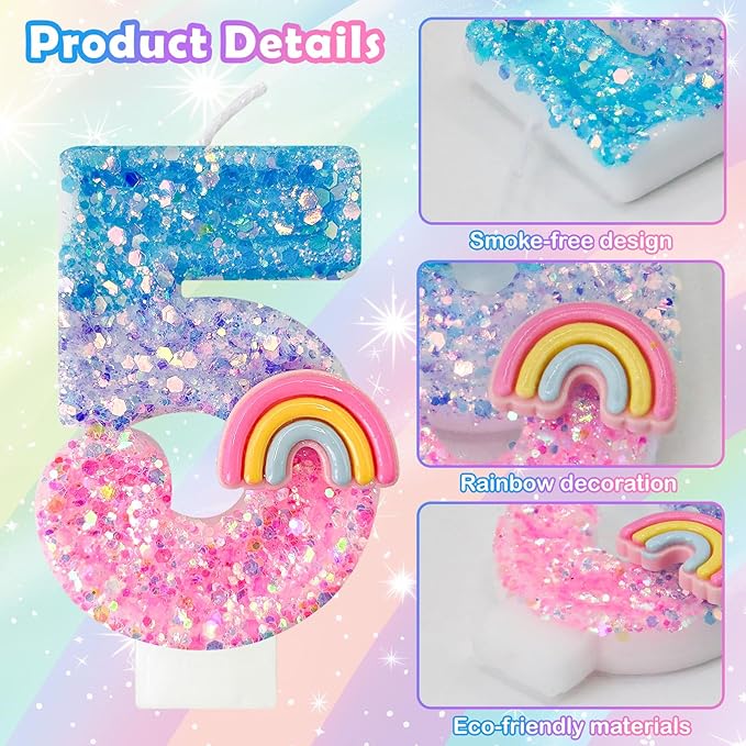 Rainbow Birthday Number Candles, Number 5 Candles, Cupcake Decorations, Macaron Birthday Cake Decorations, Cartoon Theme Party Supplies (Number 5)