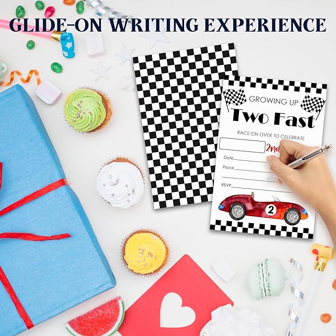 Growing Up Two Fast 2nd Birthday Party Invitations - 20-Pack of 4''x6'' Racing Car Invite Cards with Envelopes, Double-Sided Fill In Birthday Party Celebrate Supplies & Decoration For Girls Boys - A10