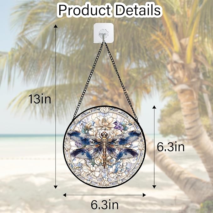 Stained Glass Window Hanging, Dragonfly Flower Suncatcher for Doors Home Sun Catchers Decoration and Christmas, Mother's Day Birthday Gifts for Women, Men, and Mom 6.3 in