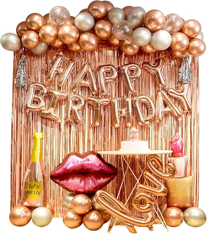 Rose Gold birthday decorations for women ，happy birthday party decorations for girls，Rose Gold Fringe Curtain，happy birthday banner， balloon letters