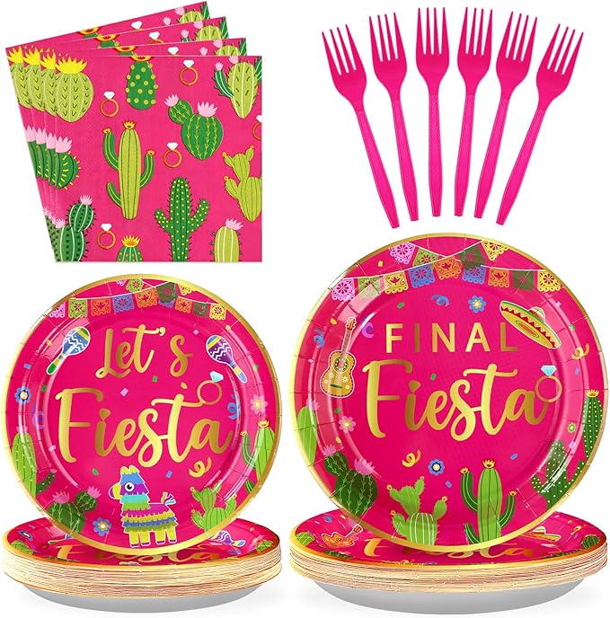 96Pcs Final Fiesta Bachelorette Party Decorations Hot Pink Mexican Cactus Plates and Napkins Tableware Sets Mexican Taco Themed Party Supplies for Cinco De Mayo Let’s Fiesta Party Favors Serves 24