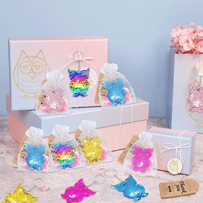 CiciBear 25 Pack Night Owl Sequin Keychains for Owl Party Favors, Kids and Adults Birthday Gift, Baby Shower, Party, 5 Colors