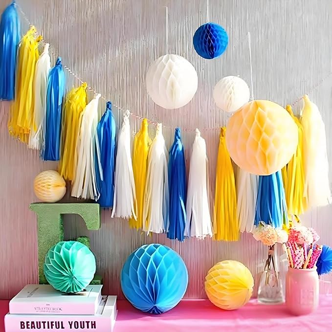 Yellow White & Blue Paper Tassels Garland Banner - Handmade Tassel Decor for Party, Wedding Backdrop, DIY Crafts (30-Pack)