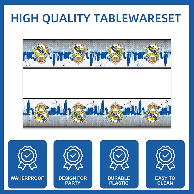 141pcs Real-Madrid Birthday Tableware Decorations Party Plates Cups Soccer Theme Napkins Beach Ball Tablecloth for Soccer Party Decoration (Real)