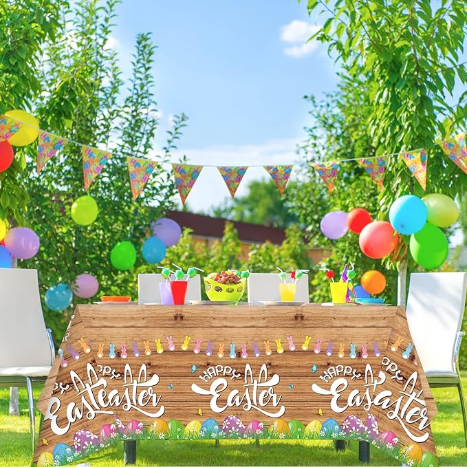OBUSATT 3PCS Easter Tablecloth Plastic Easter Rustic Wooden Wall Theme Disposable Table Cover Bunny Rabbit Colorful Eggs Rectangular Tablecloth for Spring Party