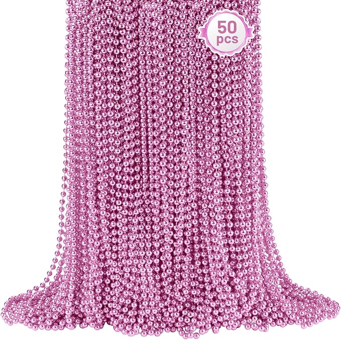 SHAOQINLIN 50 PCS Pink Bead Necklace, 33" Pink Mardi Gras Beads, Breast Cancer Awareness Beaded Necklaces, Party Beads for Mardi Gras, Christmas, Valentine's Day, Wedding, Gender Reveal Party Favors