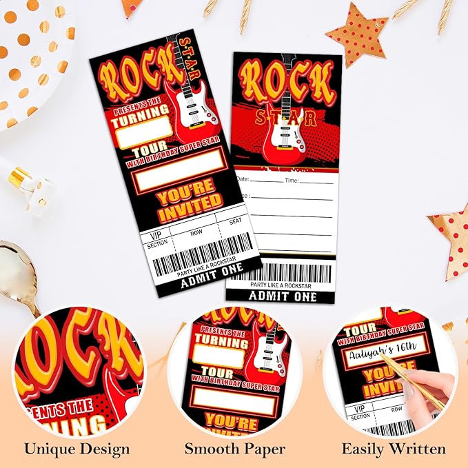Rockstar Birthday Invitation Ticket, Rock Star Birthday Invitation for Teen Adult, 20 Pop Star Ticket With Envelopes, 3.5 x 8" Double-Sided Fill In Birthday Party Personalized Invites Cards - Red