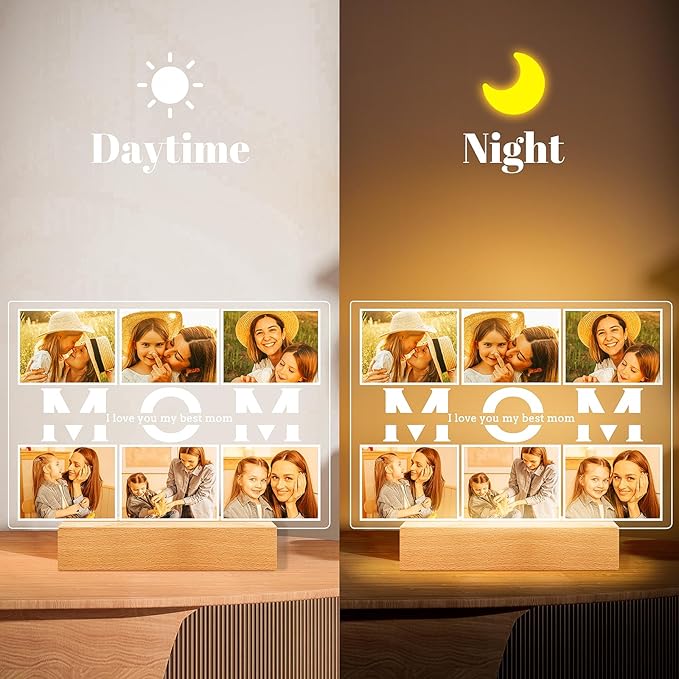Custom Picture Frames with Photo, Personalized Photo Frame with Night Light, Customized Picture Frames, Customized Birthday Gifts for Mom, Personalized Mothers Day Gifts for Mom Baby Kid Family