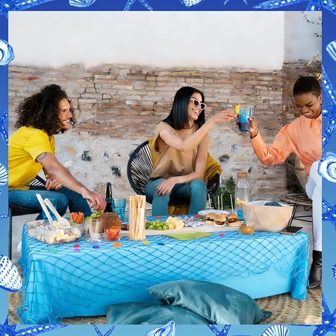 8 Pcs Fish Net Decorative Tablecloth Set, Ocean Waves Plastic Tablecloths with Cotton Fish Net Set for Nautical Themed Birthday Pirate Mermaid Party Decorations