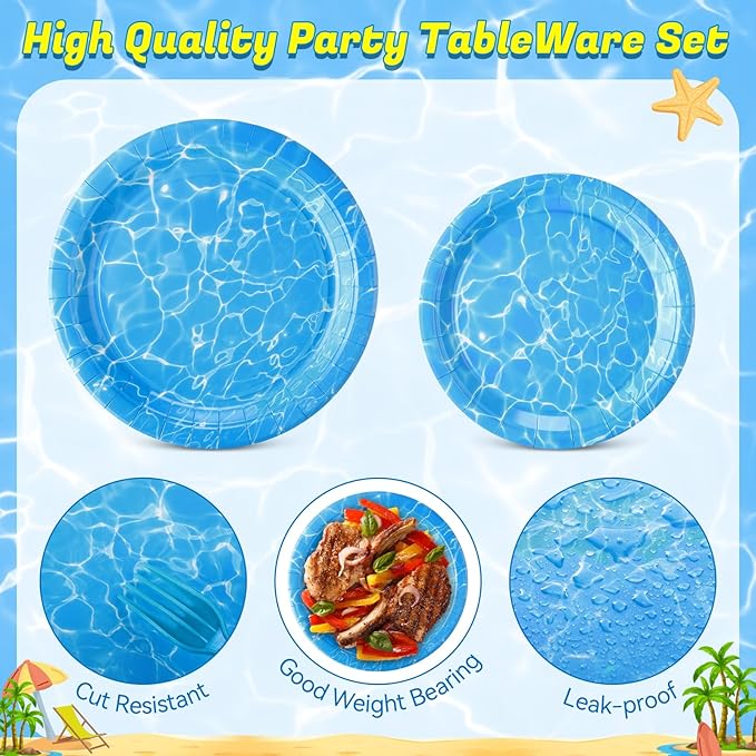 Ceenna 452 Pcs Ocean Waves Party Decorations for 50 Guest, Under The Sea Pool Paper Plates Napkins Cups Tablecloth Cutlery Straw for Summer Blue Ocean Water Beach Birthday Baby Shower Party Supplies