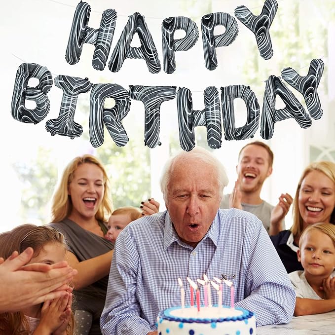 TONIFUL Black Marble Happy Birthday Balloons Banner,16 Inch Mylar Foil Letters Birthday Sign Bunting for Girls Boys Kids & Adults Birthday Decorations and Party Supplies