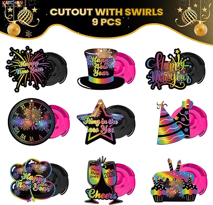 KatchOn, Happy New Year Banner and Swirls - No DIY, 10 Feet | Happy New Year Hanging Swirls for New Years Eve Party Supplies | New Years Decorations 2026 | Ceiling Decor for Nye Decorations 2026