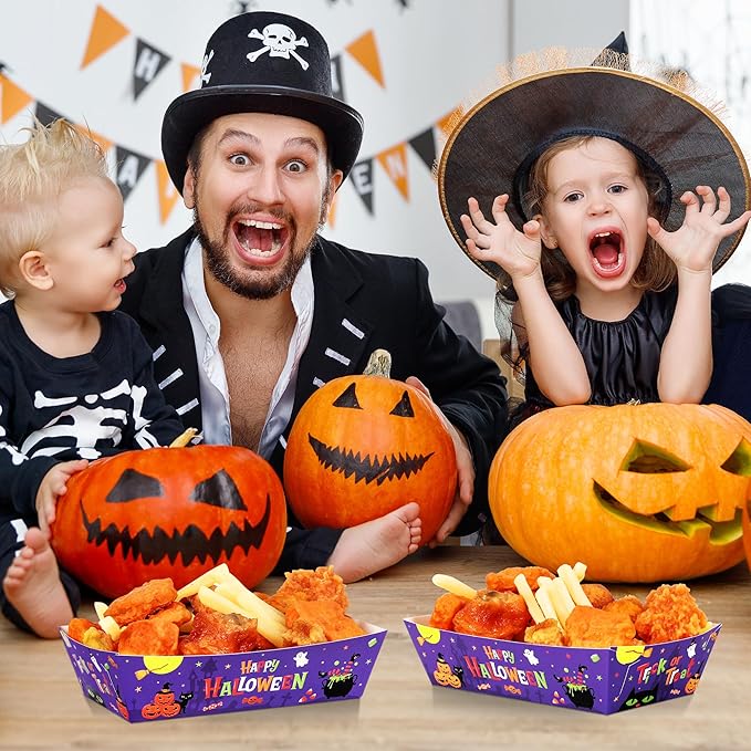 50 PCS Halloween Decorations, Disposable Halloween Paper Food Trays, Fold-to-Assemble Halloween Party Favors, Take Out Food Serving Tray for Trick or Treat Party Food Storage Serving Supplies