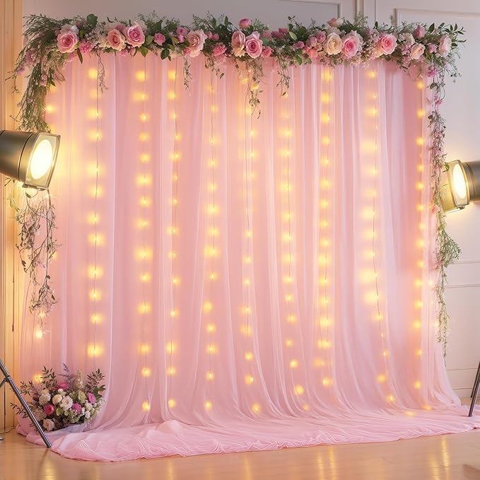 10x10FT Pink Wrinkle Free Backdrop Curtains with Lights String for Parties - Photo Curtain Backdrop with Lights for Wedding Decorations, Bridal Baby Shower Birthday Party Photography Background