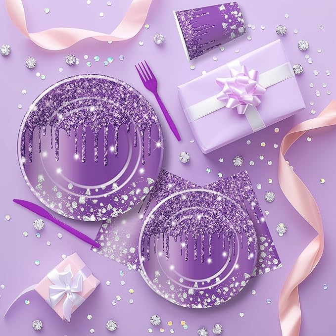 Purple Plates and Napkins Party Supplies - Decorations Tableware, Paper Plate, Napkin, Cup, Disposable Cutlery, Glitter Bridal Shower Birthday Table Decorations | Serve 24