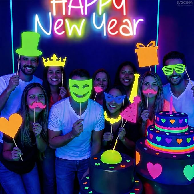 KatchOn, Glow in The Dark Photo Booth Props – Pack of 30 | Neon New Years Photo Booth Props, New Years Eve Party Supplies 2026 | Glow in The Dark Party Supplies | Neon Birthday Party Decorations