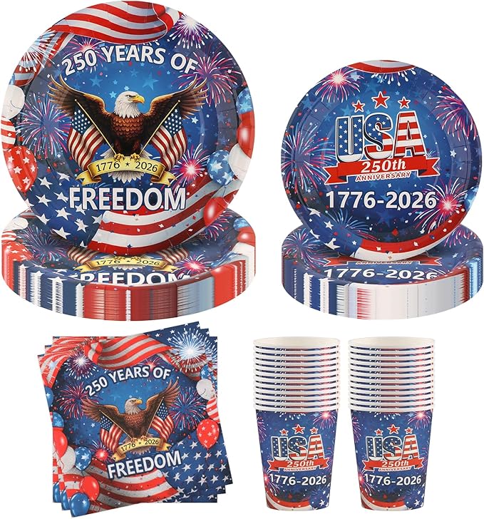 Probsin 250th Anniversary Plates and Napkins Set for 24-Disposable Paper Plates, Napkins, Cups, 250 Years of Freedom 1776-2026 American Eagle Patriotic Party Supplies for Outdoor Picnic