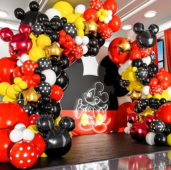 ALL-IN-1 Mickey Balloon Arch Kit with BONUS Mouse Heads & Gold Stars for Mouse Birthday Decorations - Mickey Balloons for Cartoon Mouse Clubhouse Birthday Decorations - Disney Balloons, Mickey Party