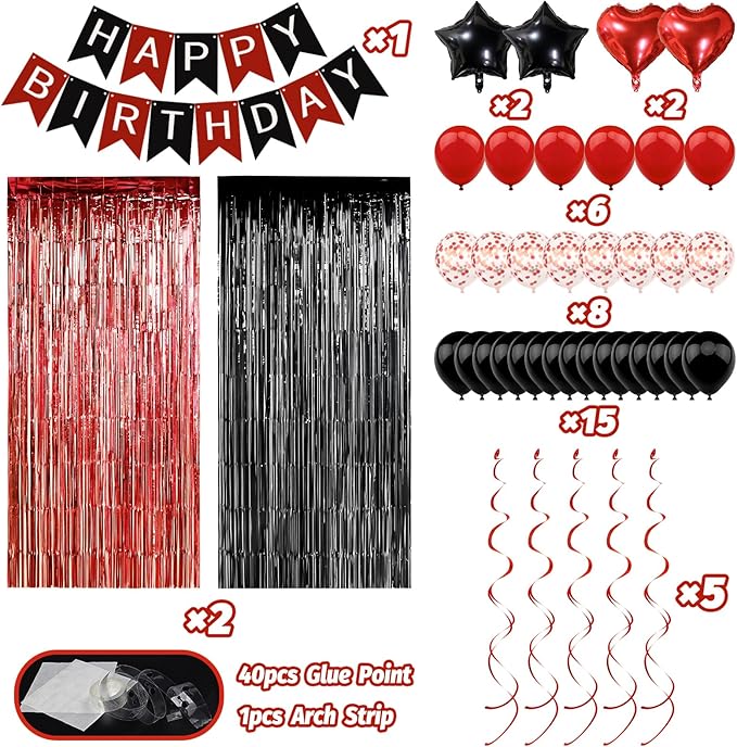 Red and Black Birthday Decorations, Happy Birthday Banner, Confetti Balloons, Fringe Curtain, Heart Star Foil Balloons, Hanging Swirls for Women Girls Princess Party Decorations