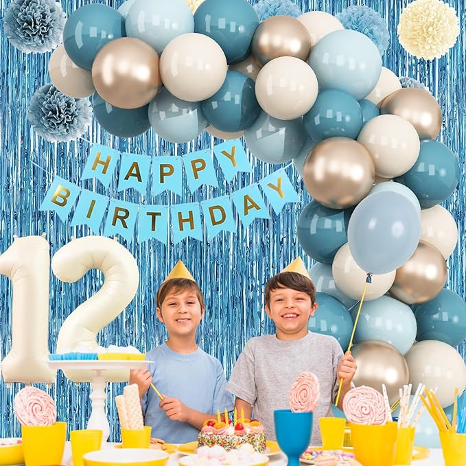 Dusty Blue 12th Birthday Party Decorations Boys Girls Beige Cream Number 12 Balloon with Blue Gold Happy Birthday Banner Fringe Curtain Paper Pom Poms Nude White Sand Champagne Star Foil Balloons