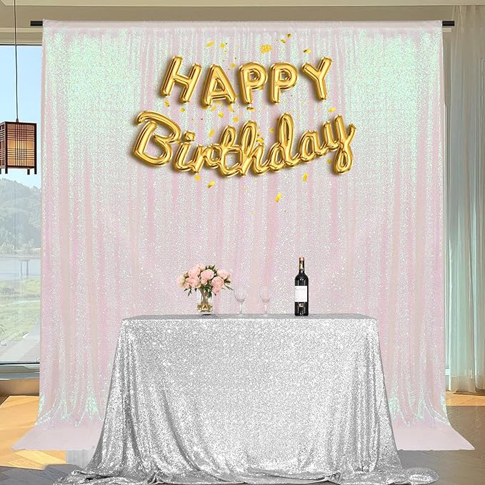 PartyDelight Iridescent White Sequin Backdrop 6x7ft - High Density 3mm Shimmer Sequin Background with 4-Inch Rod Pocket, Sparkly Photography Curtain for Birthday, TikTok & Live Decor