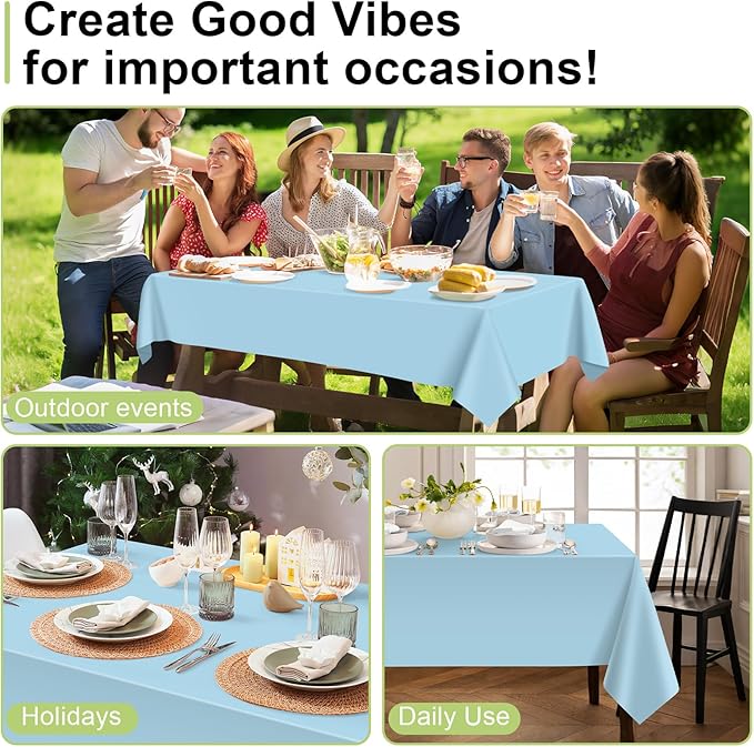 QIKSION Light Blue Plastic Table Cloth Disposable 6 Pack, 54 x 108 Inch Tablecloths for Baby Shower Birthday Party, Easter Decorations, Rectangle Table Cover