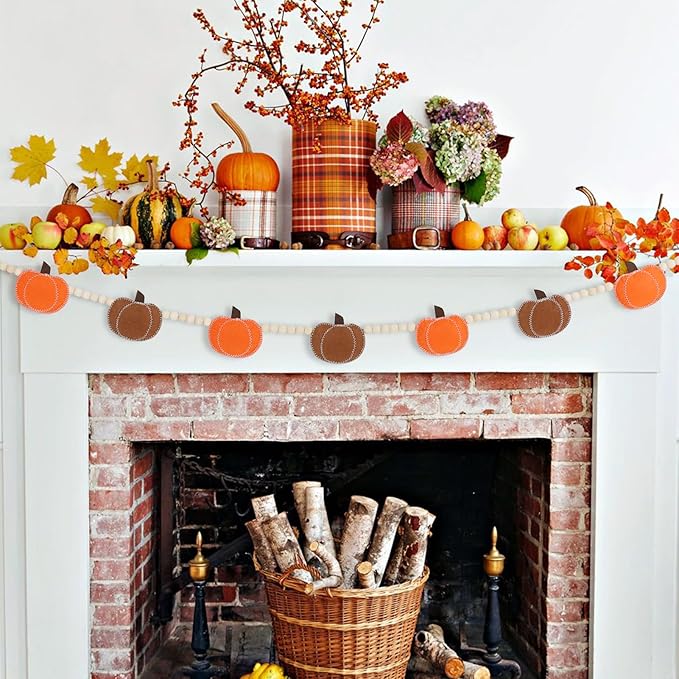 DAZONGE Thanksgiving Decorations for Home, Felt Pumpkin Bead Garland for and Wood Bead for Thanksgiving Decor, Fall Banner for Mantle Wall Decor