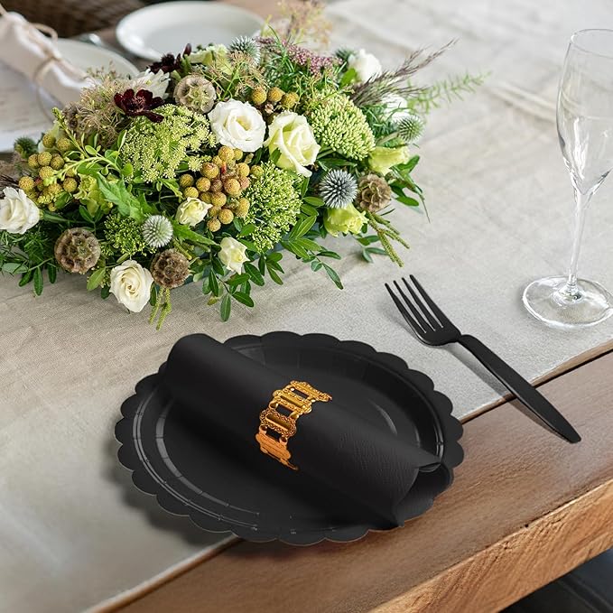 105PCS Paper Plates and Napkins Set,7 Inch Scalloped Disposable Tableware with Forks for Birthdays, Garden Parties & Outdoor Events,Serves 35 (Black)