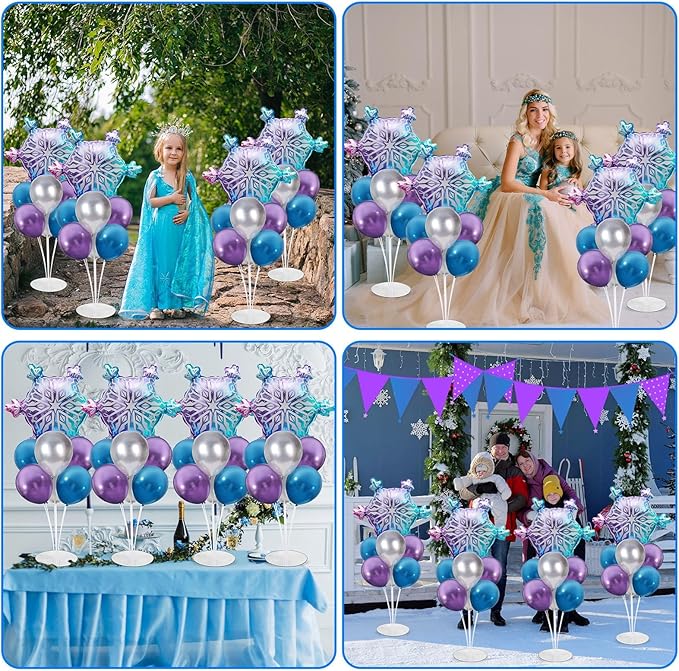 4 Sets Snow Party Balloons Stand Kit with Snowflake Foil Balloons Purple Blue Silver Party Balloon Centerpiece for Tables for Girl Princess Winter Wonderland Themed Birthday Baby Shower Decorations