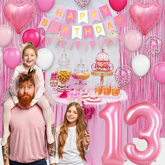 13th Birthday Decorations for Girls,Hot Pink 13th Birthday Balloons with Happy Birthday Banner Fringe Curtain Heart Foil Balloons for 13 Year Old Birthday Decor