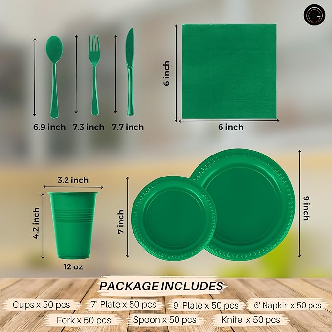 Grandipity 350 Piece Green Disposable Dinnerware Set, Includes 50 of Each: 9" Dinner Plates, 7" Dessert Plates, 12oz Cups, Paper Napkins, Forks, Knives & Spoons