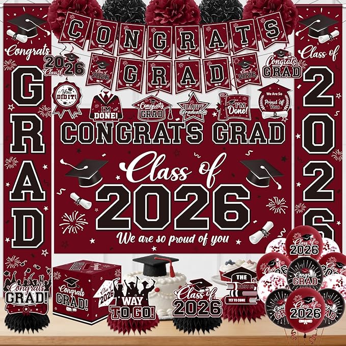 Graduation Decorations 2026 Maroon Party Decor Set with Congrats Grad Banner, Class of 2026 Backdrop, Balloons, Box & Streamers Supplies for High School & College Celebrations