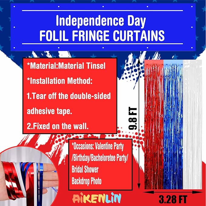 4 Pack 3.2Ft x 9.8Ft Foil Fringe Curtain Backdrop, Red Blue White Metallic Tinsel Foil Fringe Streamers Curtains Background for Photo Booth, Birthday, Wedding, Independence Day Party Decoration