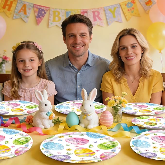 96 Pieces Easter Egg Paper Plates and Napkins Party Supplies, Colorful Eggs Disposable Tableware with Paper Plates Napkins and Forks for Spring Celebrations, Easter Day Party Favors - Serves 24