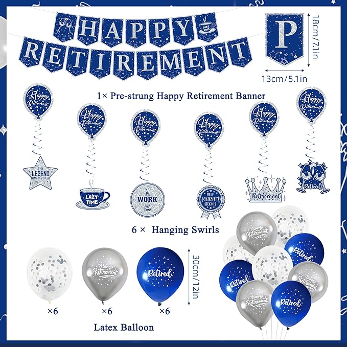 Roetyce Retirement Party Decorations for Men Women, Blue Silver Happy Retirement Banner Balloons Hanging Swirls Kit, Lengend Has Retired Backdrop for Coworker, Office Retired Party Supplies