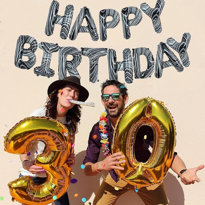 TONIFUL Black Marble Happy Birthday Balloons Banner,16 Inch Mylar Foil Letters Birthday Sign Bunting for Girls Boys Kids & Adults Birthday Decorations and Party Supplies