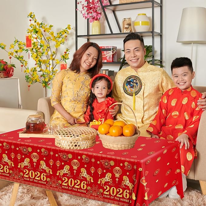 Chinese New Year Table Cloth,2pcs Lunar New Year Tablecloth Red and Gold Horse Rectangle Happy New Years Tablecloth for 2026 Spring Festival Decorations