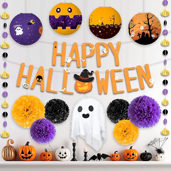 KatchOn, Hanging Halloween Decorations Set - Pack of 14 | Purple and Black Theme Party Supplies | Halloween Party Decorations for Wall | Happy halloween Banner, Sign for Spooky Decor