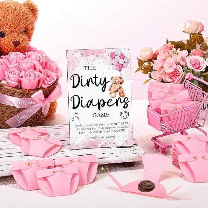 Roowest 51 Pcs Dirty Diaper Baby Shower Games Funny Wooden Sign with 50 Pcs Mini Diapers Cute Felt for Gender Reveal Party Baby Shower(Pink Bear)